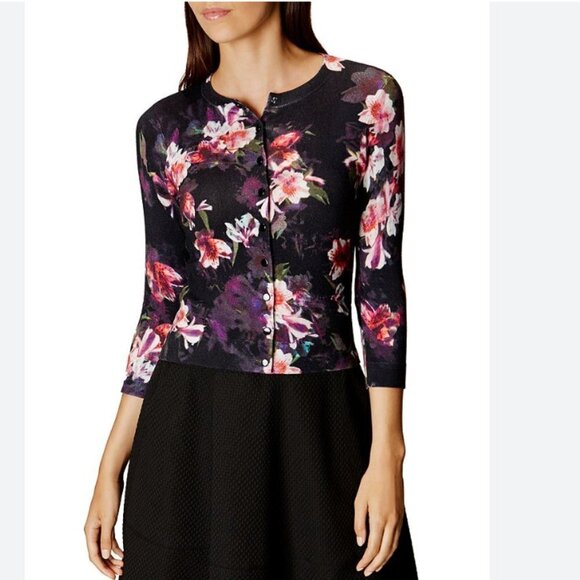KAREN MILLEN BLACK ORCHID FLORAL KNIT CARDIGAN - M - Picture 1 of 11